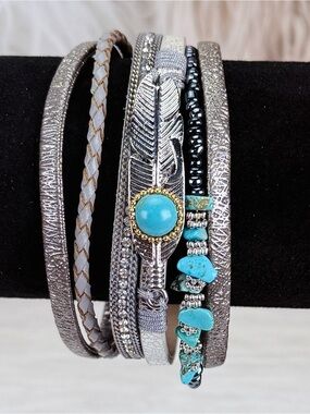 Multi-Layered Magnetic Closure Bracelet Faux Turquoise blue Silvertone Accent